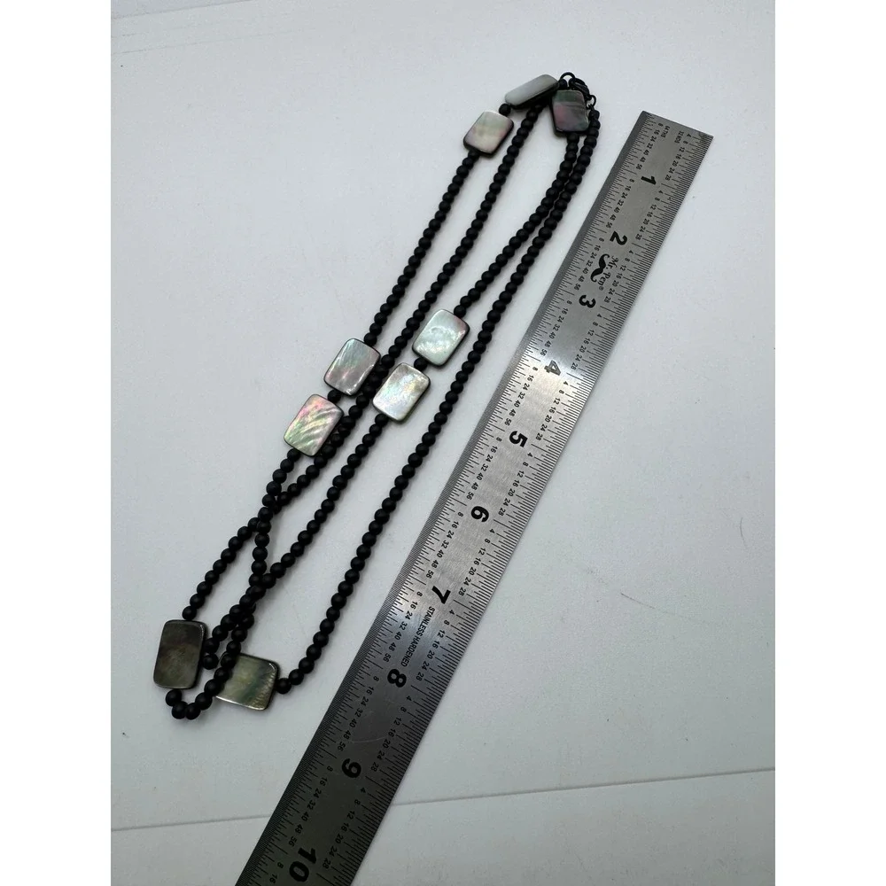 Black Matte Beaded Necklace Iridescent Rectangle Shell Abalone Style Long 36